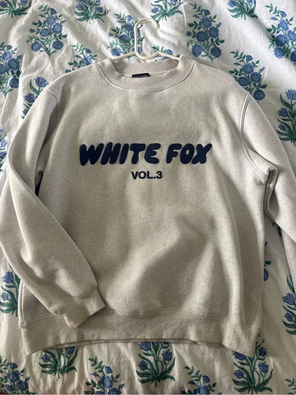 White Fox Boutique Crewneck Sweatshirt in Light Gray with Navy Logo